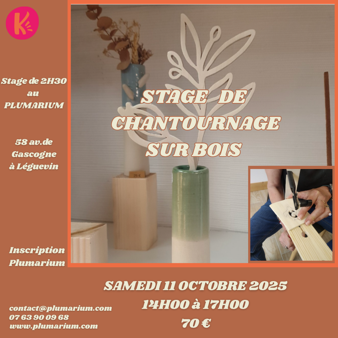 CHANTOURNAGE SUR BOIS CHANTOURNAGE SUR BOIS LE SAMEDI 11 OCTOBRE 2025 AU PLUMARIUM DE LEGUEVIN DE 14H00 A 17H00 70 EUROS