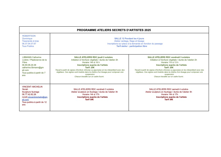 PROGRAMME ATELIERS SECRETS D ARTISTES 2025