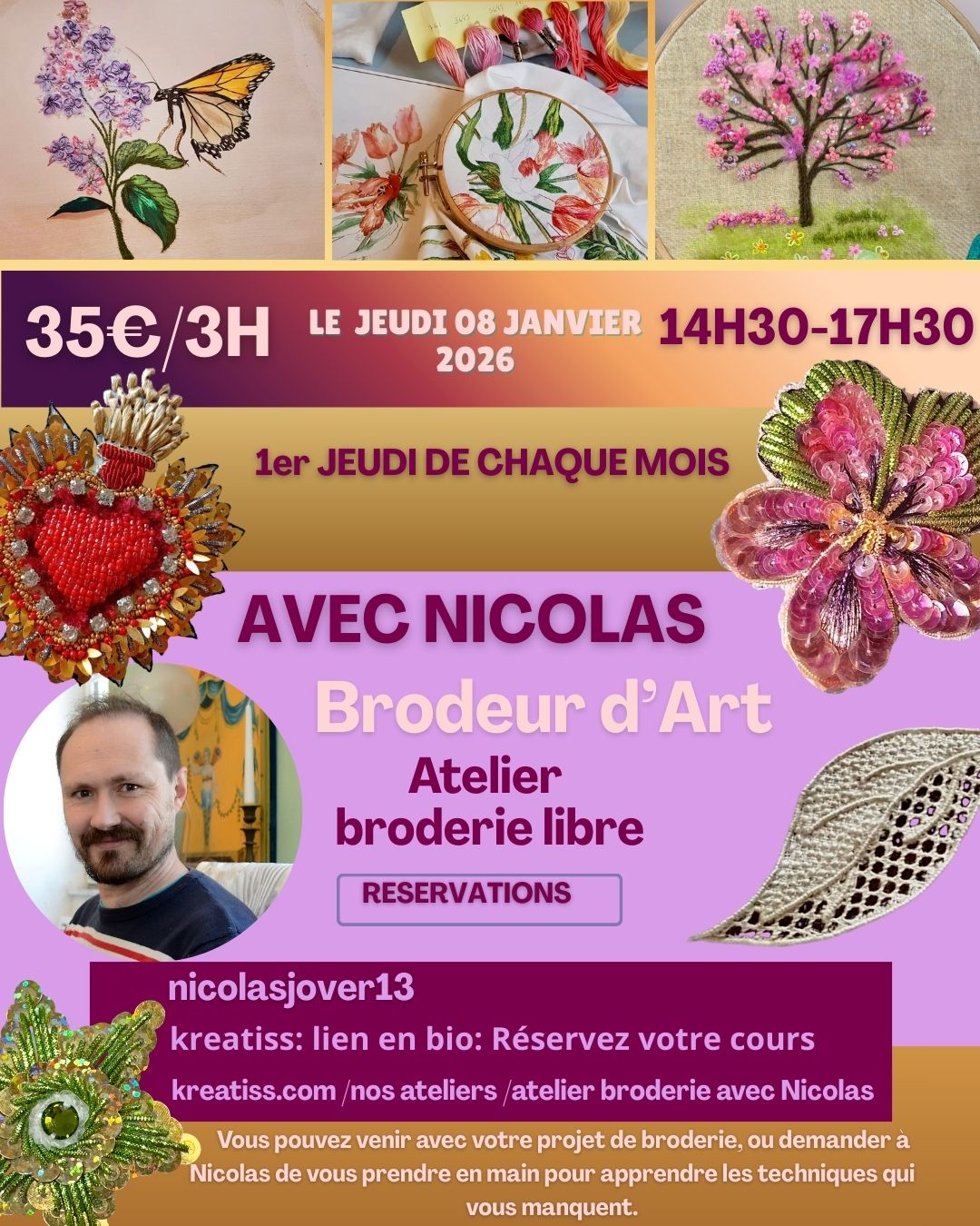 cours de broderie libre le jeudi 8 janvier avec nicolas jover chez kreatiss