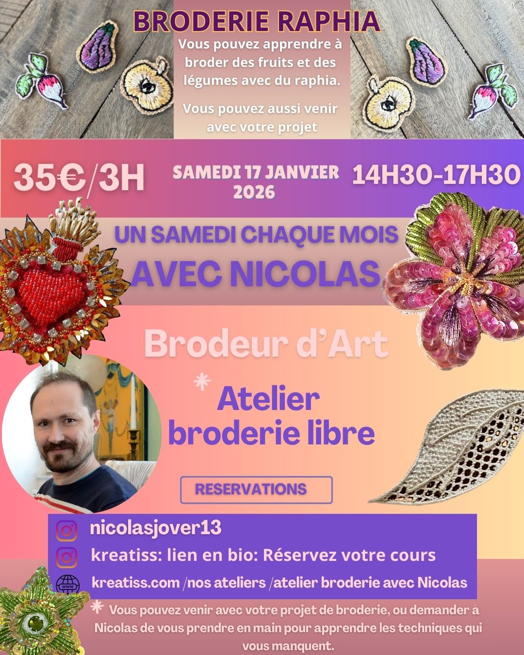 cours de broderie à thème le samedi 17 janvier avec nicolas jover chez kreatiss