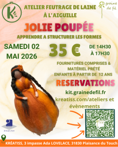 1atelier du 2 mai 2026 chez kreatiss par graine de fil pour feutrage à l'aiguille 1atelier du 2 mai 2026 chez kreatiss par graine de fil pour feutrage à l'aiguille