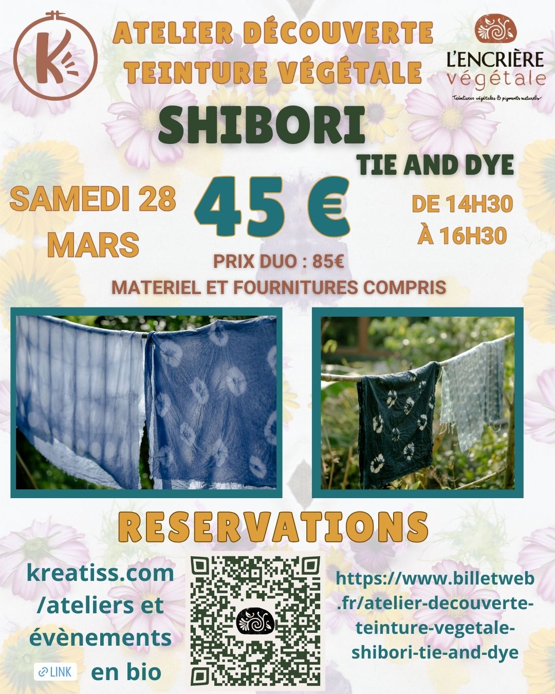 COURS DE TEINTURE VEGETALE AVEC L'ENCROERE VEGETALE CHEZ KREATISS LE 28 MARS