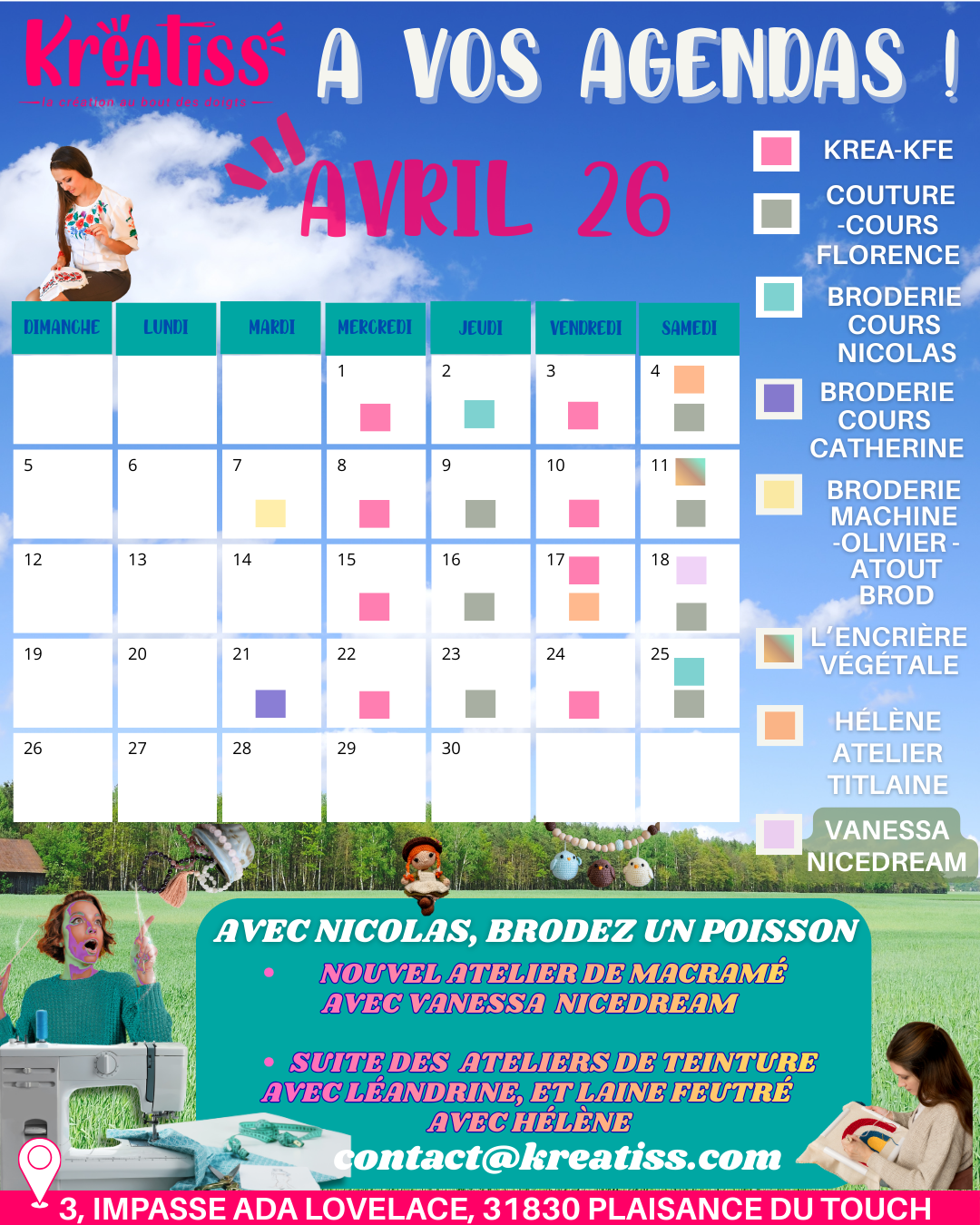 AGENDA DU MOIS D AVRIL 2026 DES ATELIERS DE KREATISS