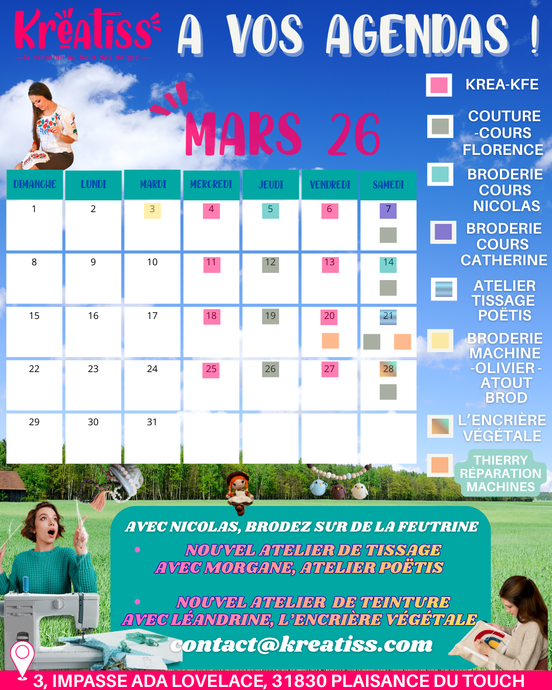 AGENDA MARS ATELIERS ET INTERVENANTS CHEZ KREATISS