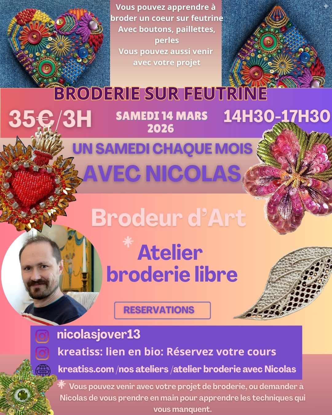 COURS BRODERIE COEUR FEUTRINE SAMEDI 14 MARS CHEZ KREATISS